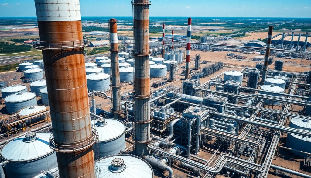 Observe refineries with towering structures and complex machinery in a vibrant industrial environment.