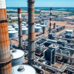 Observe refineries with towering structures and complex machinery in a vibrant industrial environment.