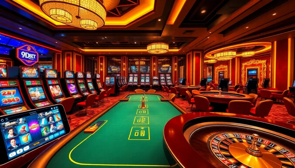 9Dbet immersive casino experience with vibrant slot machines and elegant poker tables.