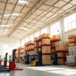 View of a spacious warehouse near me featuring organized shelving and equipment for storage.