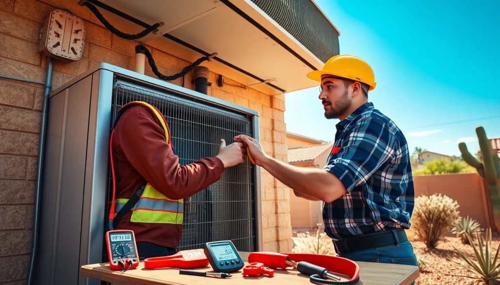 Technician performing ac repair phoenix az in a sunny suburban backyard, enhancing service reliability.