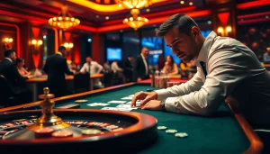 Engaging scene showing a professional gambler considering his bets at a casino, representing shbet có uy tín không analysis.