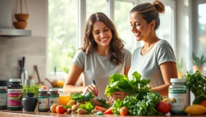 明るいキッチンで栄養豊富な食材の中に葉酸サプリを取り入れた健康的なライフスタイルの情景。