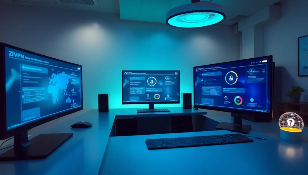 快连VPN interface displayed in a modern workspace, symbolizing security and connectivity.