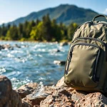 Showcase a Fly fishing backpack set against a serene river backdrop, highlighting its features and outdoor utility.
