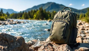 Showcase a Fly fishing backpack set against a serene river backdrop, highlighting its features and outdoor utility.