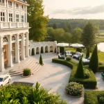 Luxury hotel in Sweden surrounded by serene nature and elegant architecture, inviting relaxation.