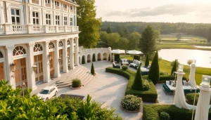 Luxury hotel in Sweden surrounded by serene nature and elegant architecture, inviting relaxation.