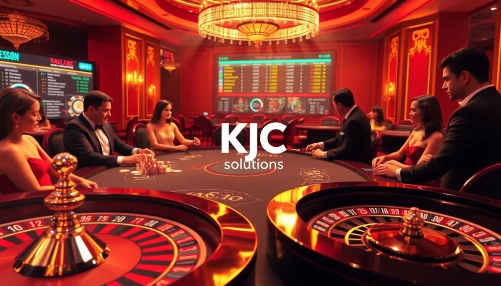 Experience high-stakes action with Kjc solutions at a luxurious casino poker table.