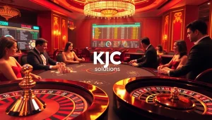 Experience high-stakes action with Kjc solutions at a luxurious casino poker table.