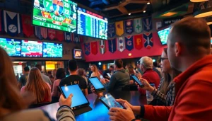 Engaged fans enjoying sports betting in Oklahoma at a lively sports bar.