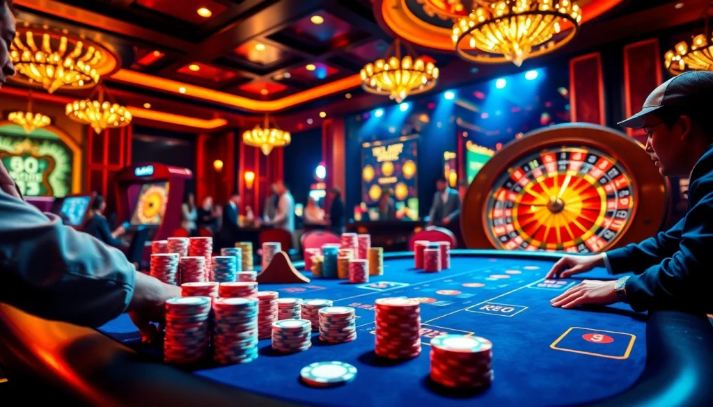 Experience thrilling gambling action at https://topclub.space/ in a vibrant casino scene featuring poker tables and roulette wheels.