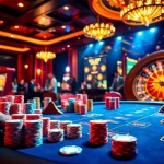 Experience thrilling gambling action at https://topclub.space/ in a vibrant casino scene featuring poker tables and roulette wheels.