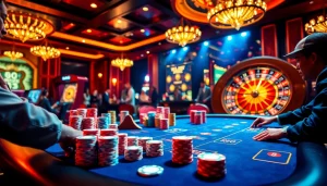 Experience thrilling gambling action at https://topclub.space/ in a vibrant casino scene featuring poker tables and roulette wheels.