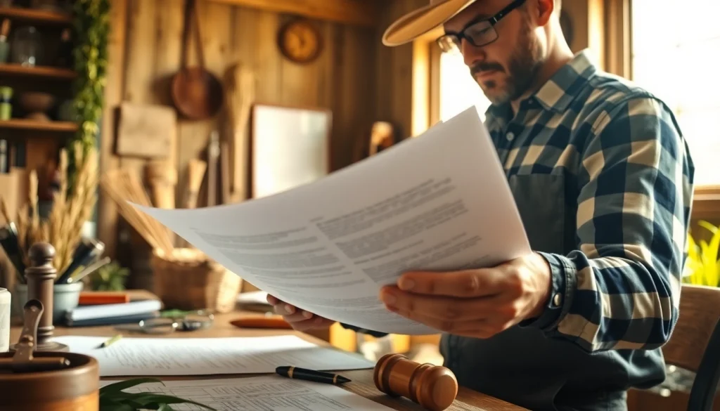 Analyze agriculture law documents with a focused professional in a natural rustic setting.