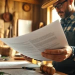 Analyze agriculture law documents with a focused professional in a natural rustic setting.