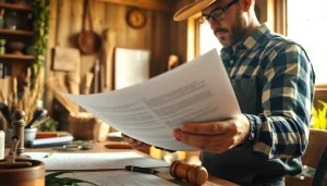 Analyze agriculture law documents with a focused professional in a natural rustic setting.