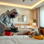 Treating bed bugs with https://affordablebedbugexterminators.com in a well-lit bedroom environment.