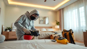 Treating bed bugs with https://affordablebedbugexterminators.com in a well-lit bedroom environment.