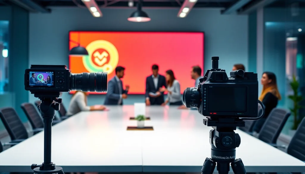 Showcasing corporate video production with a diverse team collaborating in a modern office setting.