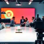 Showcasing corporate video production with a diverse team collaborating in a modern office setting.