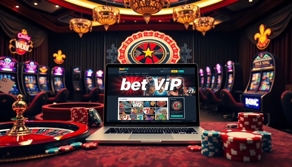 Trải nghiệm sự sang trọng và phấn khích với các tính năng cá cược trực tuyến của Bet VIP, thể hiện các yếu tố sòng bạc năng động.
