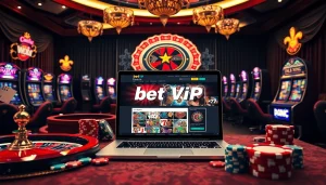 Trải nghiệm sự sang trọng và phấn khích với các tính năng cá cược trực tuyến của Bet VIP, thể hiện các yếu tố sòng bạc năng động.