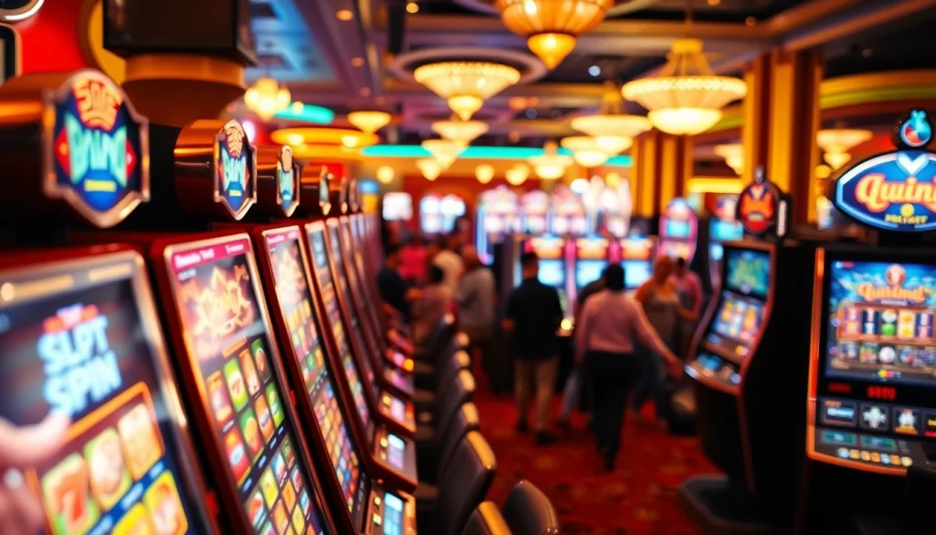 Menampilkan slot depo 1k pada mesin slot dengan pemain bersemangat dalam suasana kasino yang ceria.