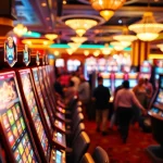 Menampilkan slot depo 1k pada mesin slot dengan pemain bersemangat dalam suasana kasino yang ceria.