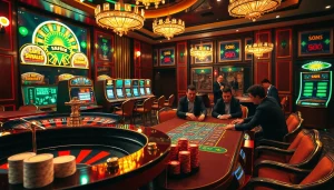 Experience the excitement of SN888 Login in a luxurious casino filled with vibrant gaming elements.