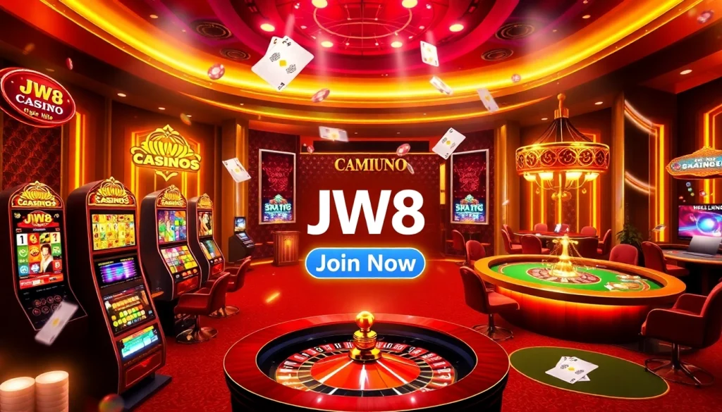 Experience thrilling JW8 online gaming with vibrant casino visuals of slot machines and live dealer tables.
