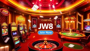 Experience thrilling JW8 online gaming with vibrant casino visuals of slot machines and live dealer tables.
