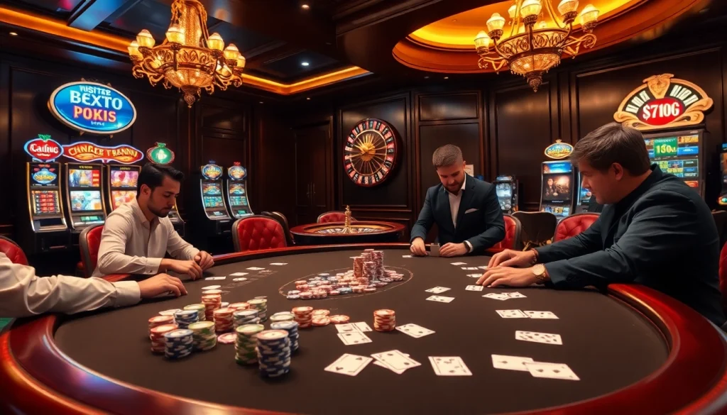 High-stakes poker action at vn88 casino featuring professional players and colorful poker chips.