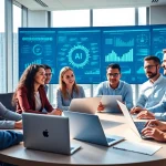 Collaborative brainstorming session for an ai startup in a modern office.