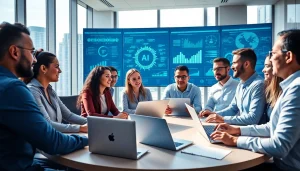 Collaborative brainstorming session for an ai startup in a modern office.