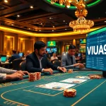 VUA99 casino scene showcasing players engrossed at a high-stakes poker table with vibrant betting elements.