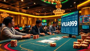 VUA99 casino scene showcasing players engrossed at a high-stakes poker table with vibrant betting elements.