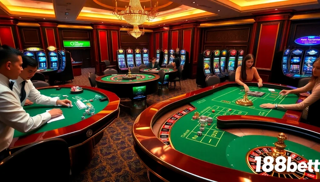 Experience an exhilarating gaming scene at 188bet with luxurious casino tables, colorful chips, and engaging players.