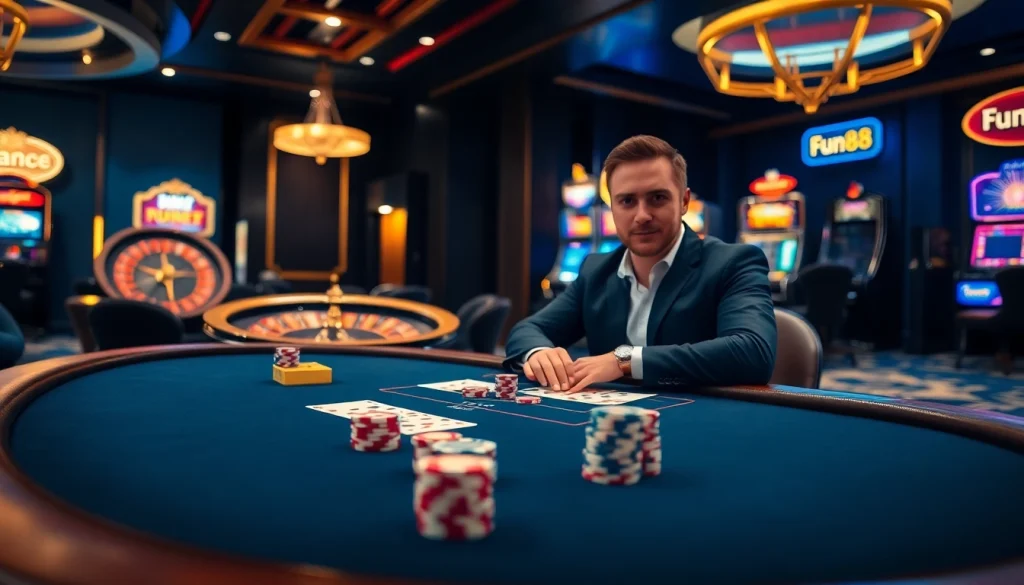 Experience thrilling gameplay at Fun88's sophisticated casino tables with vibrant poker chips and cards.