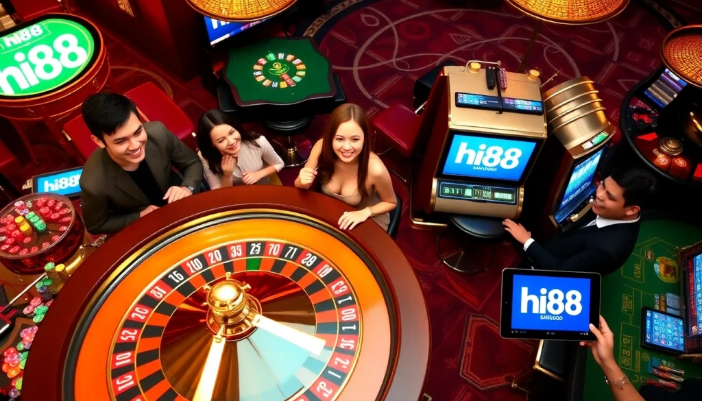 Hi88 casino scene featuring players engaging in roulette and slots, capturing excitement and luxury.