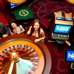 Hi88 casino scene featuring players engaging in roulette and slots, capturing excitement and luxury.