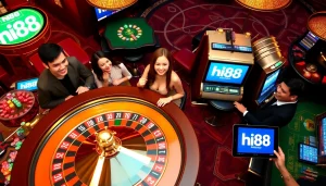 Hi88 casino scene featuring players engaging in roulette and slots, capturing excitement and luxury.