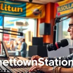 Listen live at hometownstation.com with a DJ broadcasting in a vibrant radio studio.