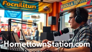 Listen live at hometownstation.com with a DJ broadcasting in a vibrant radio studio.
