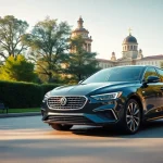 Rent a car in Chisinau with a sleek vehicle against iconic city landmarks.