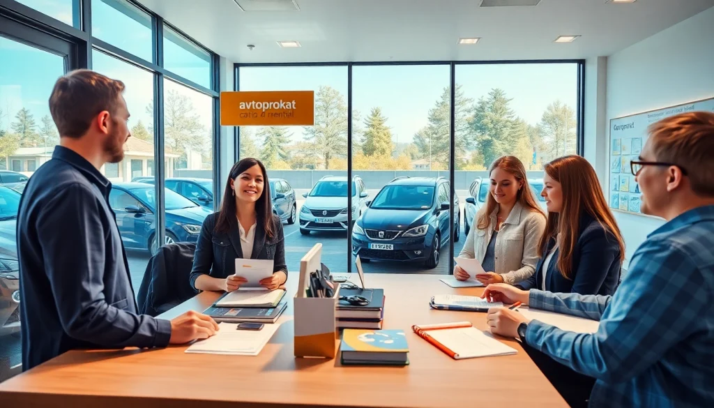 Avtoprokat service in Chișinău with friendly staff assisting diverse clients in a modern car rental office.