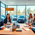 Avtoprokat service in Chișinău with friendly staff assisting diverse clients in a modern car rental office.