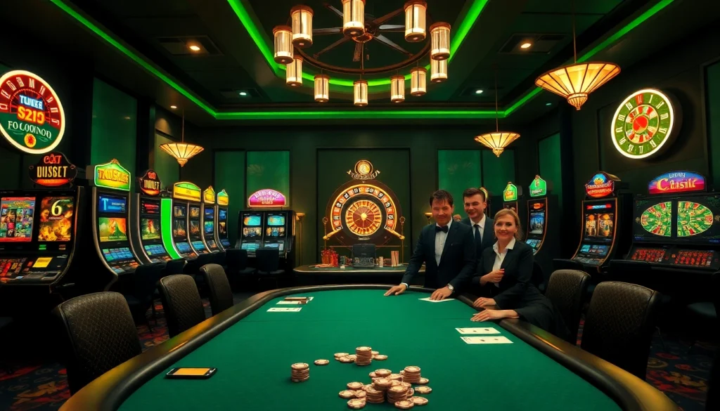 Experience the excitement of gambling at Nhà cái OK365 with a vibrant casino scene featuring poker tables and slot machines.