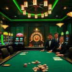 Experience the excitement of gambling at Nhà cái OK365 with a vibrant casino scene featuring poker tables and slot machines.