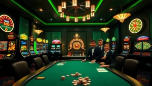 Experience the excitement of gambling at Nhà cái OK365 with a vibrant casino scene featuring poker tables and slot machines.